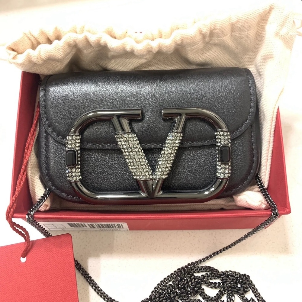 NIB VALENTINO Vlogo Mini Crystal-Cut Detail Black Calfskin Shoulder.